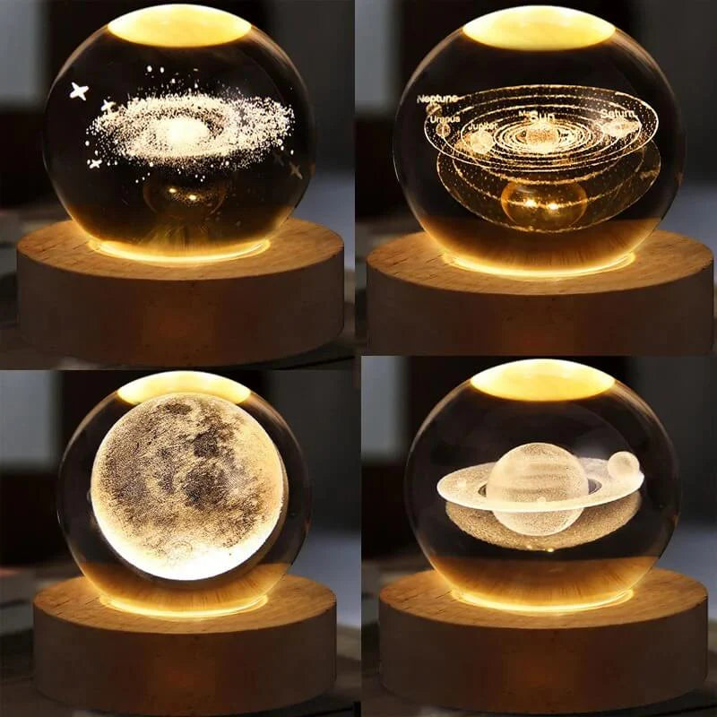 3D Crystal Galaxy Night Lamp with Wooden Base (6cm) β Solar System, Moon & Earth Designs