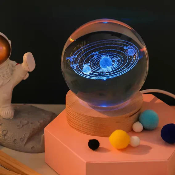 3D Crystal Galaxy Night Lamp with Wooden Base (6cm) β Solar System, Moon & Earth Designs