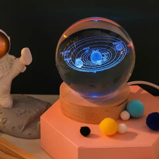 3D Crystal Galaxy Night Lamp with Wooden Base (6cm) – Solar System, Moon & Earth Designs