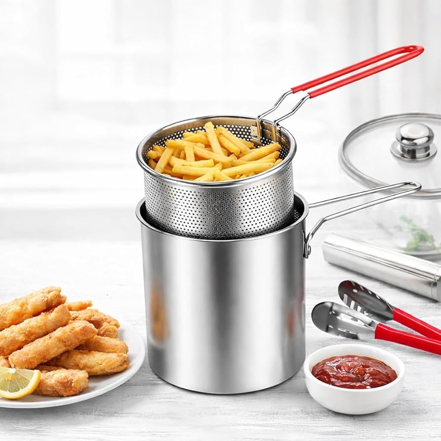 2 in 1 Stainless Steel Deep Fryer Pot with Removable Strainer Basket & Heat Resistant Handle