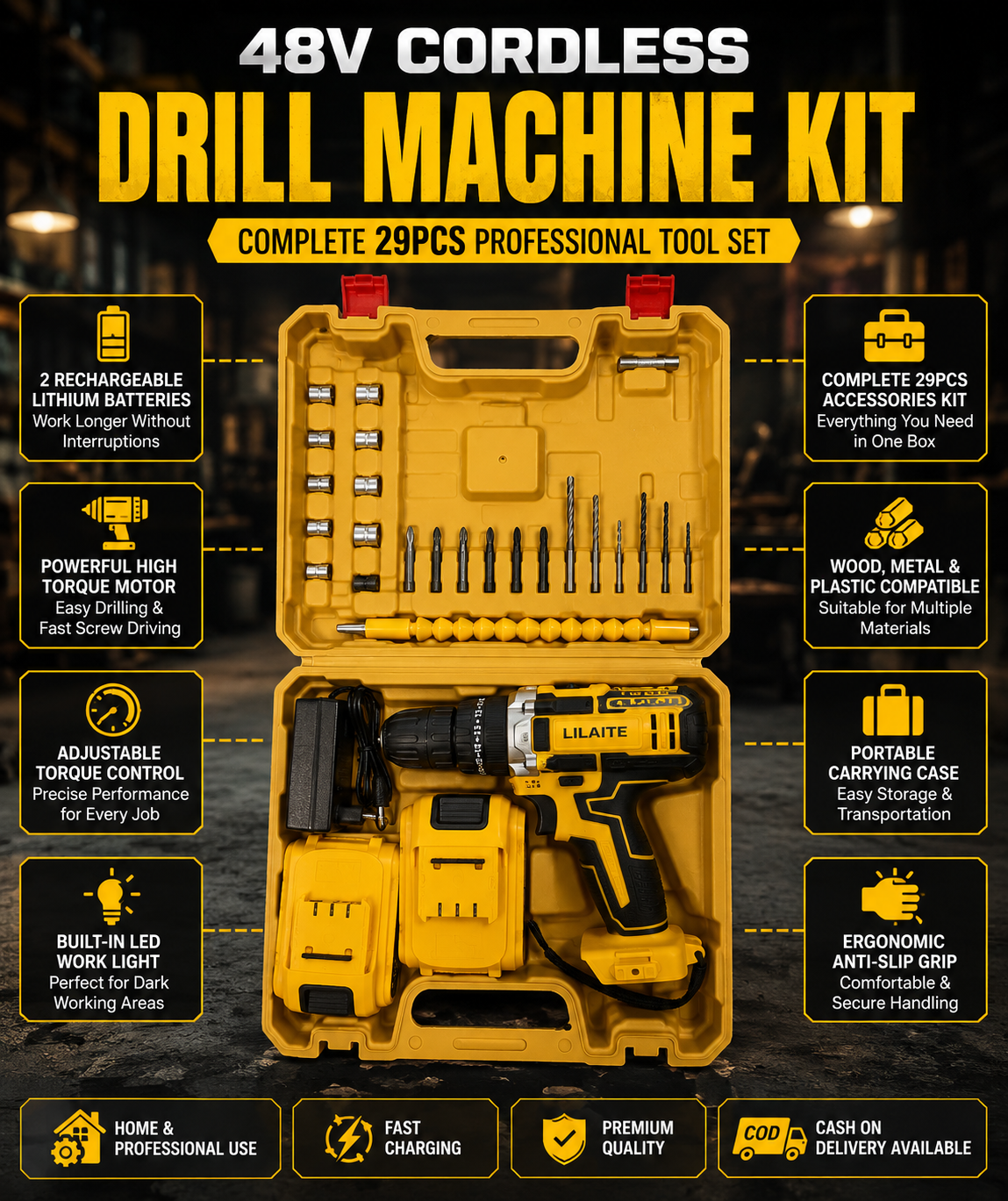 48V Cordless Drill Machine Kit 29PCS Complete Set with Double Rechargeable Batteries & Carry Case