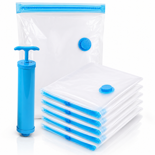 Premium Vacuum Storage Bags with Hand Pump – 5 Pack Space Saver Compression Bags for Clothes, Blankets, Comforters, Pillows & Seasonal Storage