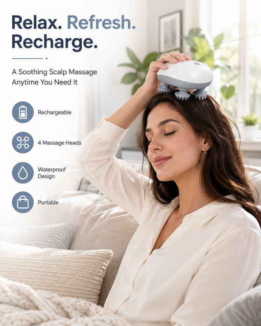 Electric Rechargeable Scalp Massager – 4-Head Waterproof Scalp Massage Device with Silicone Massage Nodes, Cordless Deep Relaxation Massager for Head, Neck & Everyday Wellness