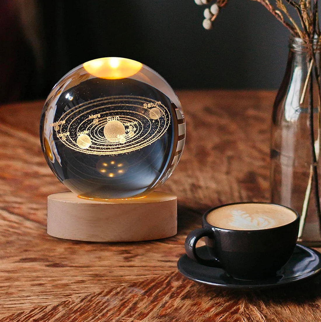 3D Crystal Galaxy Night Lamp with Wooden Base (6cm) β Solar System, Moon & Earth Designs