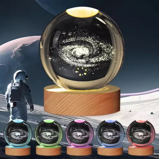3D Crystal Galaxy Night Lamp with Wooden Base (6cm) – Solar System, Moon & Earth Designs
