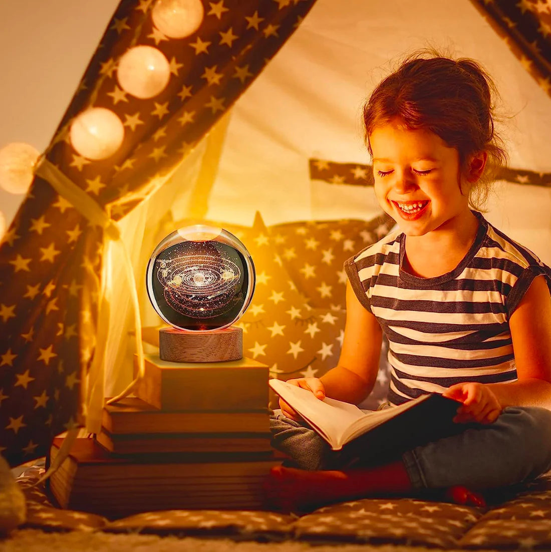 3D Crystal Galaxy Night Lamp with Wooden Base (6cm) β Solar System, Moon & Earth Designs