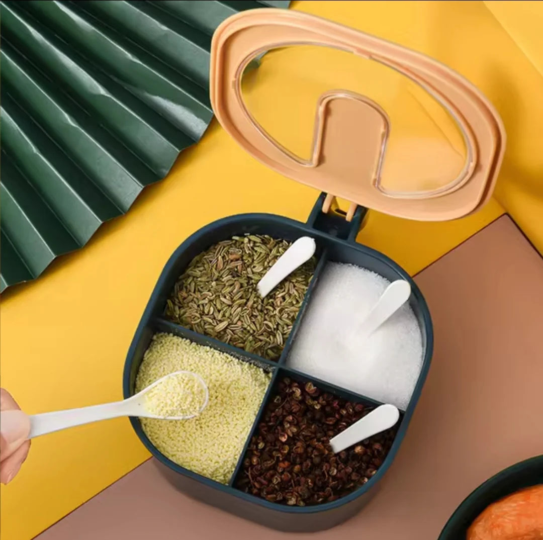 4 in 1 Spice Storage Box with 4 Spoons and Clear Lid Cover