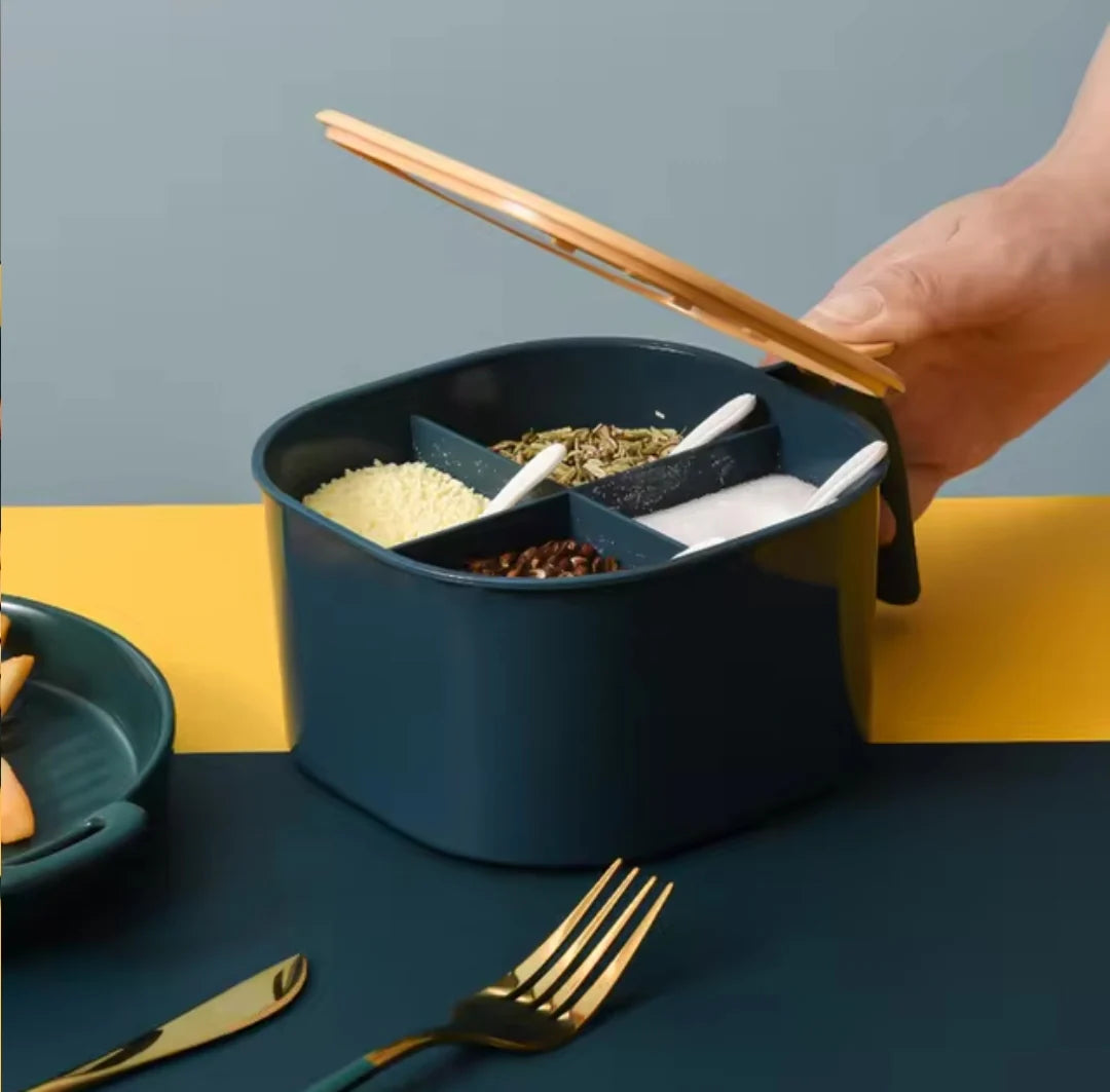 4 in 1 Spice Storage Box with 4 Spoons and Clear Lid Cover