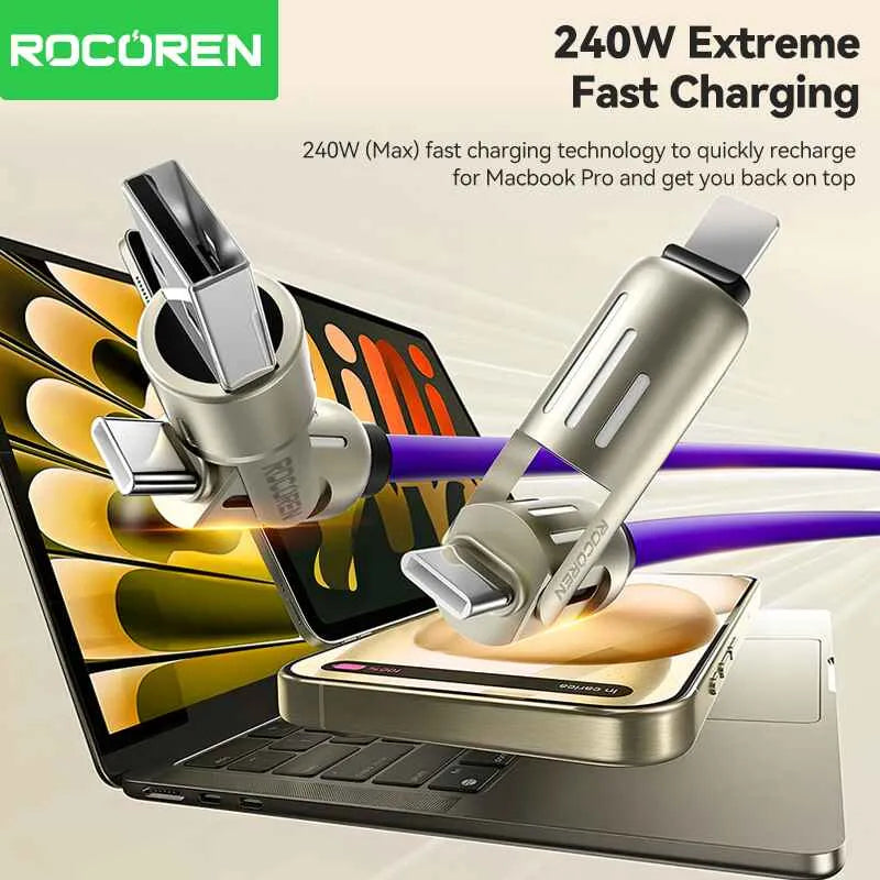 240W 4-in-1 Super Fast Charging Cable – Dual-Head Liquid Silicone Data Cable, Zinc Alloy Shell, RGB Breathing Light, Wear-Resistant & Anti-Scratch