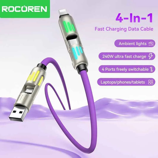 240W 4-in-1 Super Fast Charging Cable – Dual-Head Liquid Silicone Data Cable, Zinc Alloy Shell, RGB Breathing Light, Wear-Resistant & Anti-Scratch