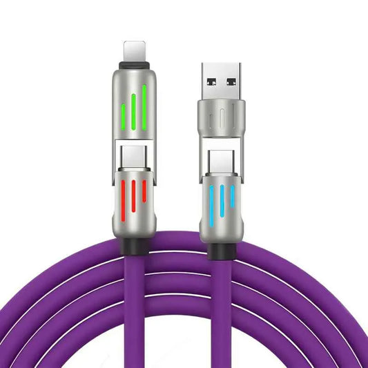 240W 4-in-1 Super Fast Charging Cable – Dual-Head Liquid Silicone Data Cable, Zinc Alloy Shell, RGB Breathing Light, Wear-Resistant & Anti-Scratch
