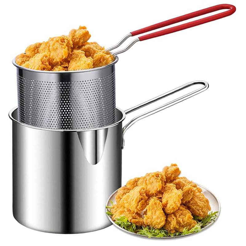 2 in 1 Stainless Steel Deep Fryer Pot with Removable Strainer Basket & Heat Resistant Handle