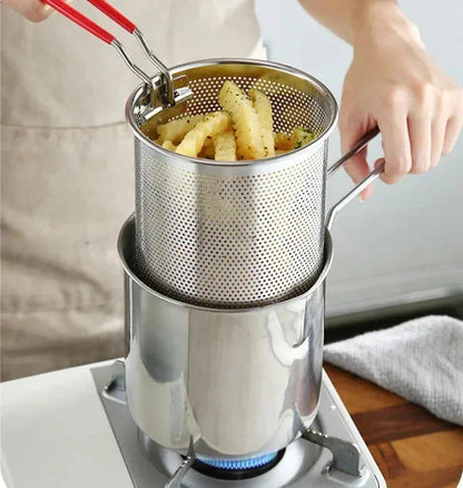 2 in 1 Stainless Steel Deep Fryer Pot with Removable Strainer Basket & Heat Resistant Handle