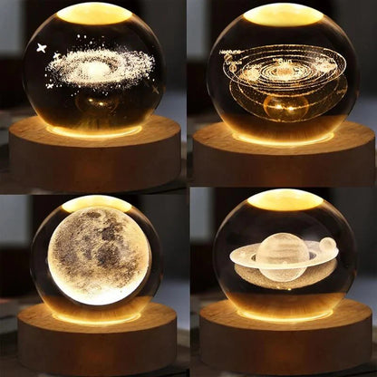 3D Crystal Galaxy Night Lamp with Wooden Base (6cm) – Solar System, Moon & Earth Designs