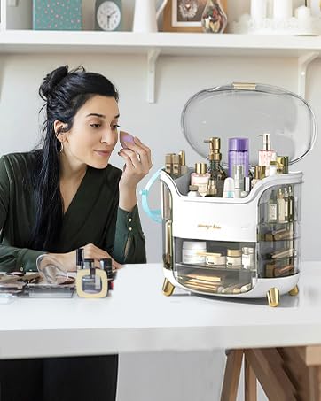 Luxury Makeup & Skincare Organizer Box with Lid & Drawers – Dustproof Waterproof Cosmetic Storage Case for Vanity, Bathroom & Dressing Table