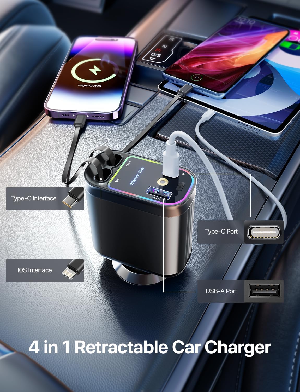 4 in 1 Retractable Car Charger with Starlight Roof Light – Fast Charging USB-C + Lightning Car Adapter | Multi Device Car Charger Pakistan