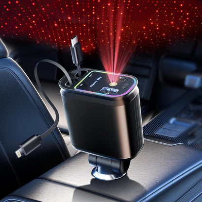 4 in 1 Retractable Car Charger with Starlight Roof Light – Fast Charging USB-C + Lightning Car Adapter | Multi Device Car Charger Pakistan