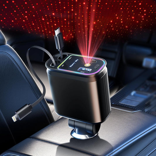 4 in 1 Retractable Car Charger with Starlight Roof Light – Fast Charging USB-C + Lightning Car Adapter | Multi Device Car Charger Pakistan