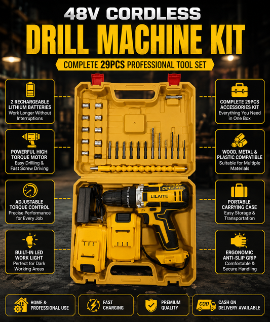 48V Cordless Drill Machine Kit 29PCS Complete Set with Double Rechargeable Batteries & Carry Case
