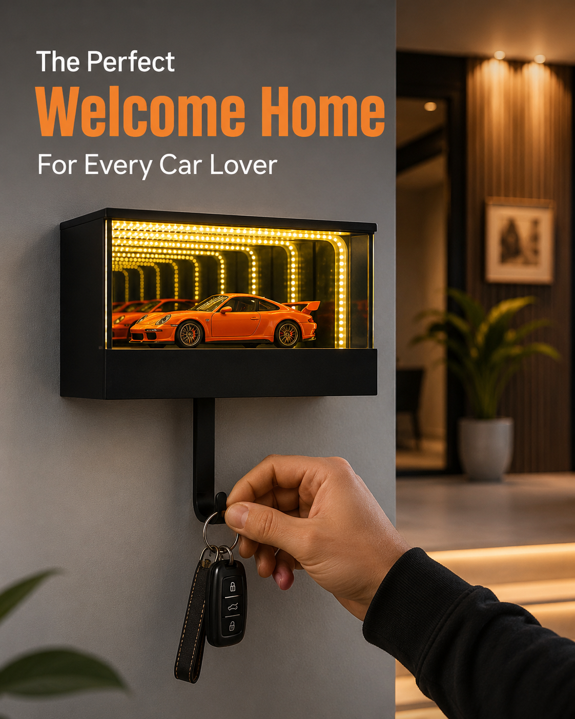 Infinity Garage Key Holder with LED Infinity Mirror – Wall Mounted Car Key Holder for Entryway, Hidden Key Hook, Modern Garage Decor, Sports Car Display, Unique Gift for Car Enthusiasts & Men