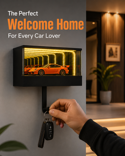 Infinity Garage Key Holder with LED Infinity Mirror – Wall Mounted Car Key Holder for Entryway, Hidden Key Hook, Modern Garage Decor, Sports Car Display, Unique Gift for Car Enthusiasts & Men