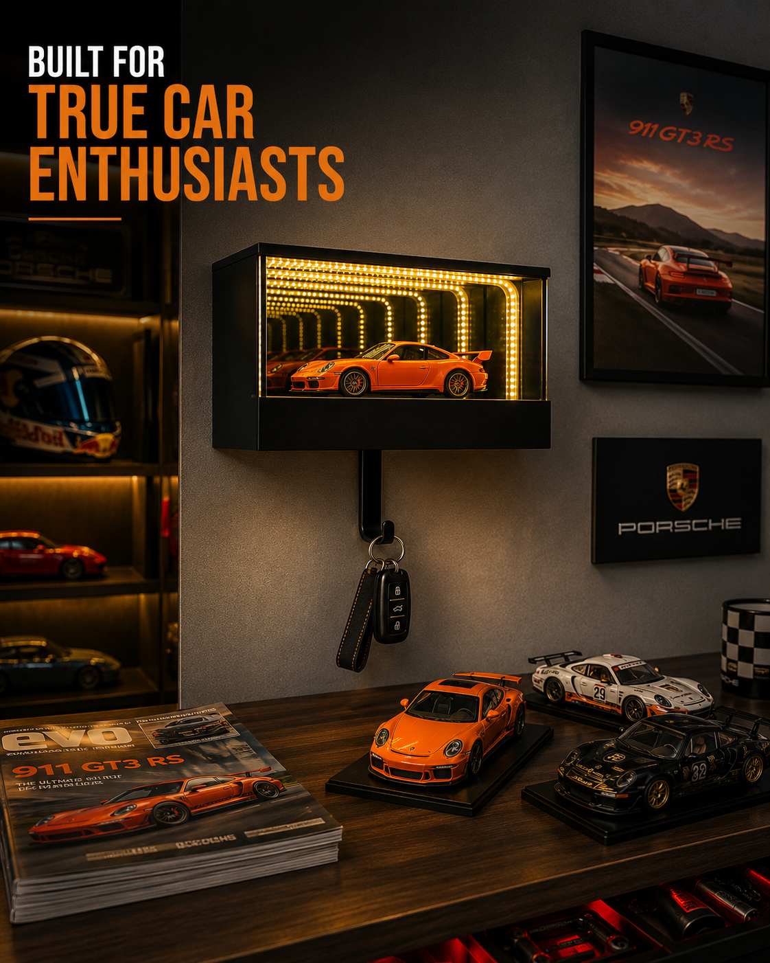 Infinity Garage Key Holder with LED Infinity Mirror – Wall Mounted Car Key Holder for Entryway, Hidden Key Hook, Modern Garage Decor, Sports Car Display, Unique Gift for Car Enthusiasts & Men