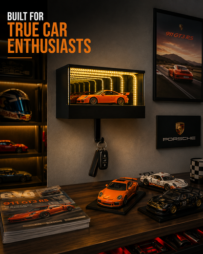 Infinity Garage Key Holder with LED Infinity Mirror – Wall Mounted Car Key Holder for Entryway, Hidden Key Hook, Modern Garage Decor, Sports Car Display, Unique Gift for Car Enthusiasts & Men