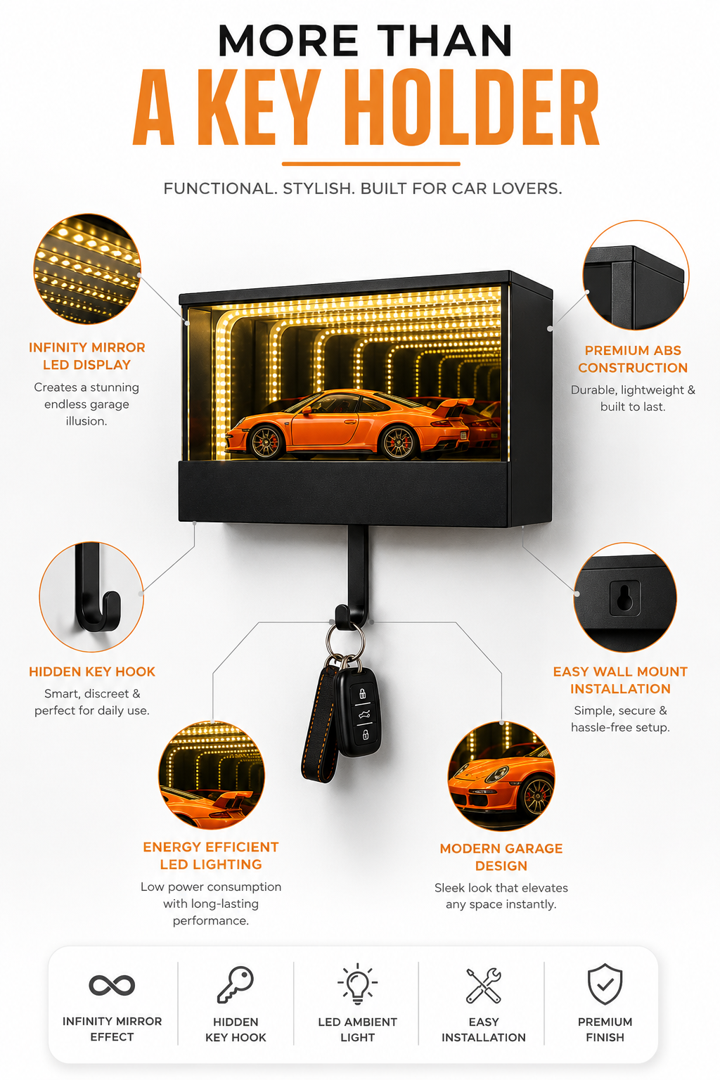 Infinity Garage Key Holder with LED Infinity Mirror – Wall Mounted Car Key Holder for Entryway, Hidden Key Hook, Modern Garage Decor, Sports Car Display, Unique Gift for Car Enthusiasts & Men