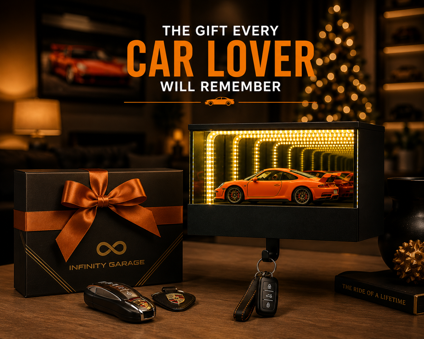 Infinity Garage Key Holder with LED Infinity Mirror – Wall Mounted Car Key Holder for Entryway, Hidden Key Hook, Modern Garage Decor, Sports Car Display, Unique Gift for Car Enthusiasts & Men