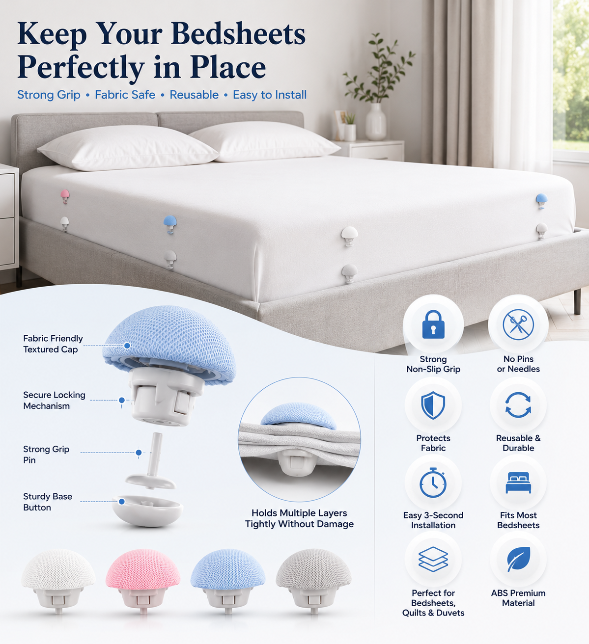 Bed Sheet Holder Clips – Non-Slip Mattress Sheet Fasteners, Reusable Duvet Cover & Quilt Fixing Clips, Fabric Safe Bedding Grippers
