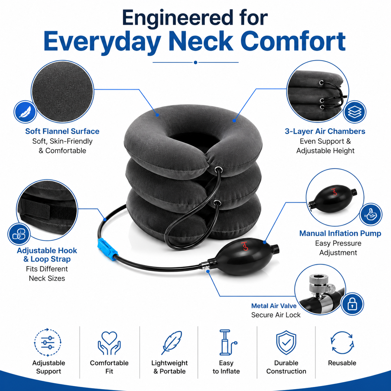 Cervical Spine Traction Neck Pillow – Adjustable Inflatable Neck Support Collar