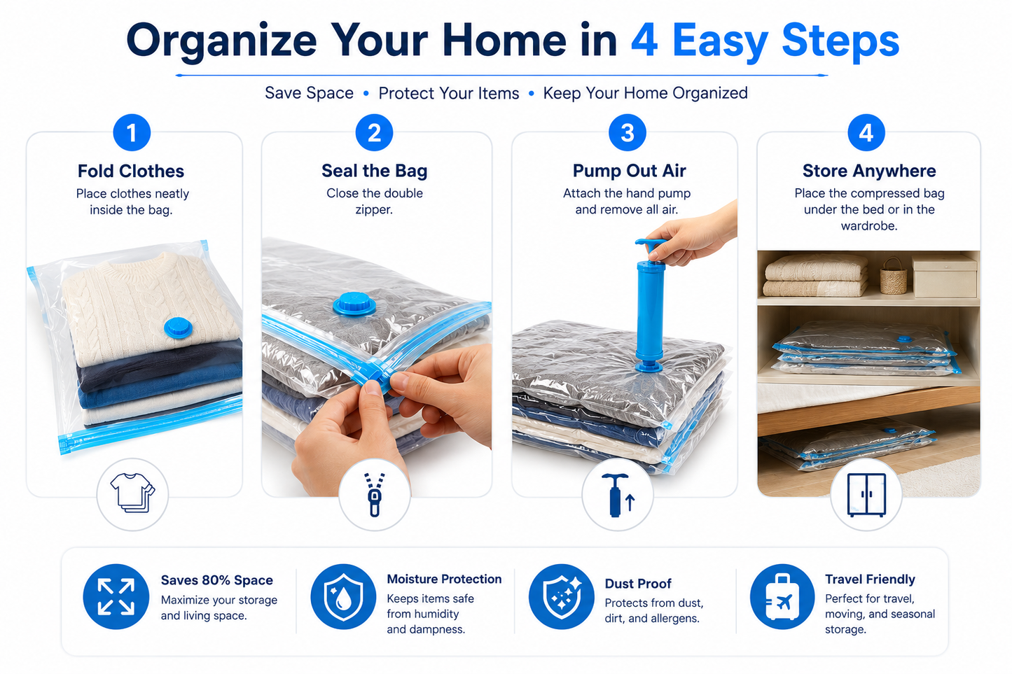 Premium Vacuum Storage Bags with Hand Pump – 5 Pack Space Saver Compression Bags for Clothes, Blankets, Comforters, Pillows & Seasonal Storage