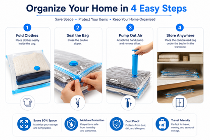 Premium Vacuum Storage Bags with Hand Pump – 5 Pack Space Saver Compression Bags for Clothes, Blankets, Comforters, Pillows & Seasonal Storage