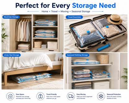 Premium Vacuum Storage Bags with Hand Pump – 5 Pack Space Saver Compression Bags for Clothes, Blankets, Comforters, Pillows & Seasonal Storage