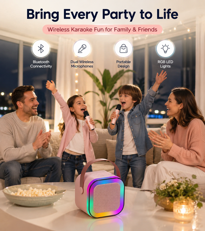 Portable Karaoke Bluetooth Speaker with 2 Wireless Microphones, RGB LED Lights, Rechargeable Bluetooth Speaker for Kids & Adults, Home Parties, Family Fun & Outdoor Entertainment