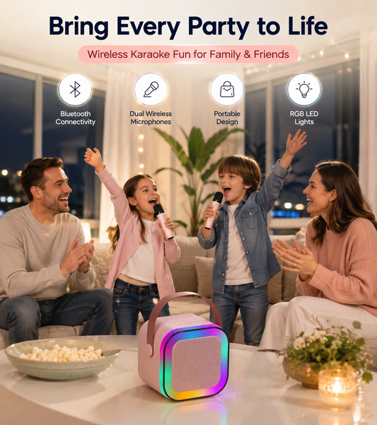 Portable Karaoke Bluetooth Speaker with 2 Wireless Microphones, RGB LED Lights, Rechargeable Bluetooth Speaker for Kids & Adults, Home Parties, Family Fun & Outdoor Entertainment