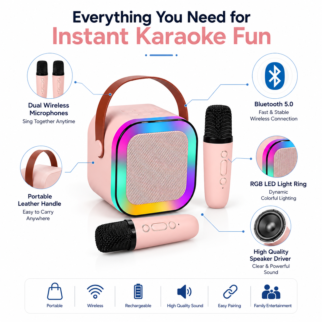 Portable Karaoke Bluetooth Speaker with 2 Wireless Microphones, RGB LED Lights, Rechargeable Bluetooth Speaker for Kids & Adults, Home Parties, Family Fun & Outdoor Entertainment