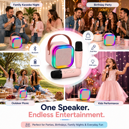 Portable Karaoke Bluetooth Speaker with 2 Wireless Microphones, RGB LED Lights, Rechargeable Bluetooth Speaker for Kids & Adults, Home Parties, Family Fun & Outdoor Entertainment