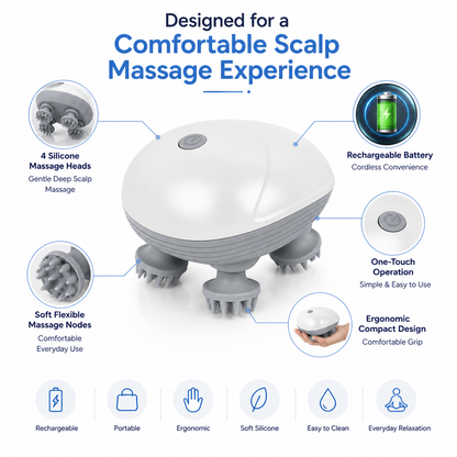 Electric Rechargeable Scalp Massager – 4-Head Waterproof Scalp Massage Device with Silicone Massage Nodes, Cordless Deep Relaxation Massager for Head, Neck & Everyday Wellness