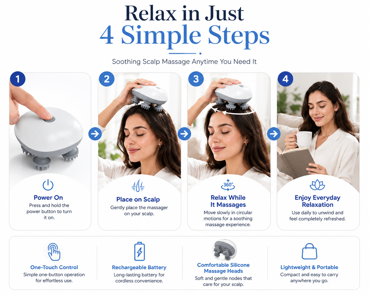 Electric Rechargeable Scalp Massager – 4-Head Waterproof Scalp Massage Device with Silicone Massage Nodes, Cordless Deep Relaxation Massager for Head, Neck & Everyday Wellness