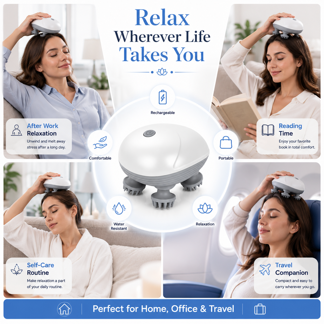 Electric Rechargeable Scalp Massager – 4-Head Waterproof Scalp Massage Device with Silicone Massage Nodes, Cordless Deep Relaxation Massager for Head, Neck & Everyday Wellness