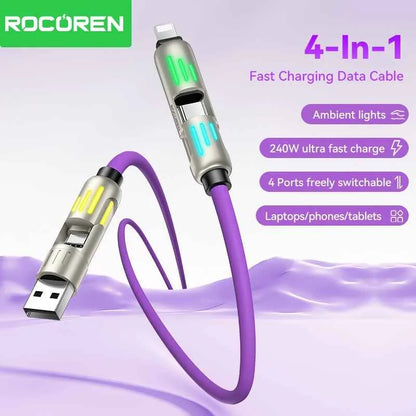 240W 4-in-1 Super Fast Charging Cable – Dual-Head Liquid Silicone Data Cable, Zinc Alloy Shell, RGB Breathing Light, Wear-Resistant & Anti-Scratch